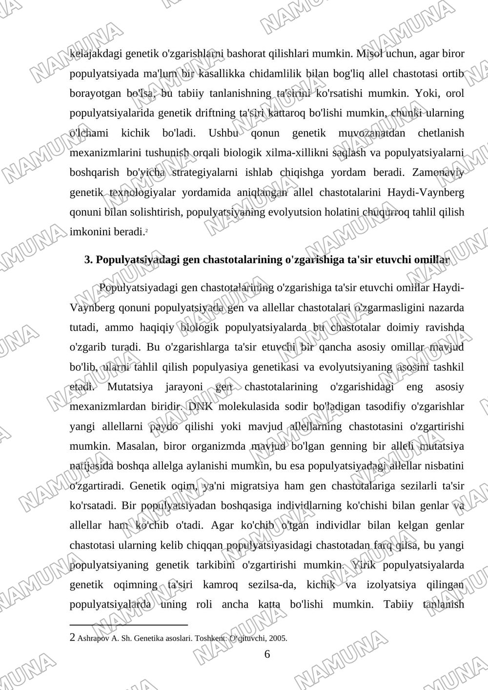 Populyatsiyadagi gen va allellar chastotasini aniqlashga oid topshiriqlar tayyorlash Haydi- Vaynberg qonuni asosida biologik jarayonlarni tahlil qilish — referat, 6-varaq
