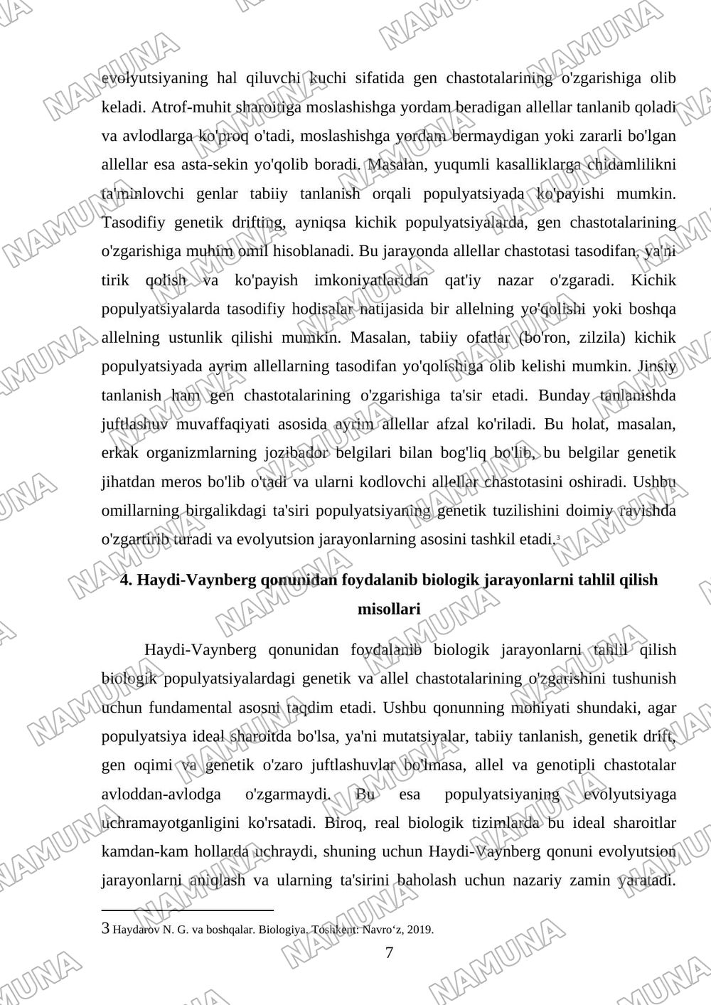 Populyatsiyadagi gen va allellar chastotasini aniqlashga oid topshiriqlar tayyorlash Haydi- Vaynberg qonuni asosida biologik jarayonlarni tahlil qilish — referat, 7-varaq
