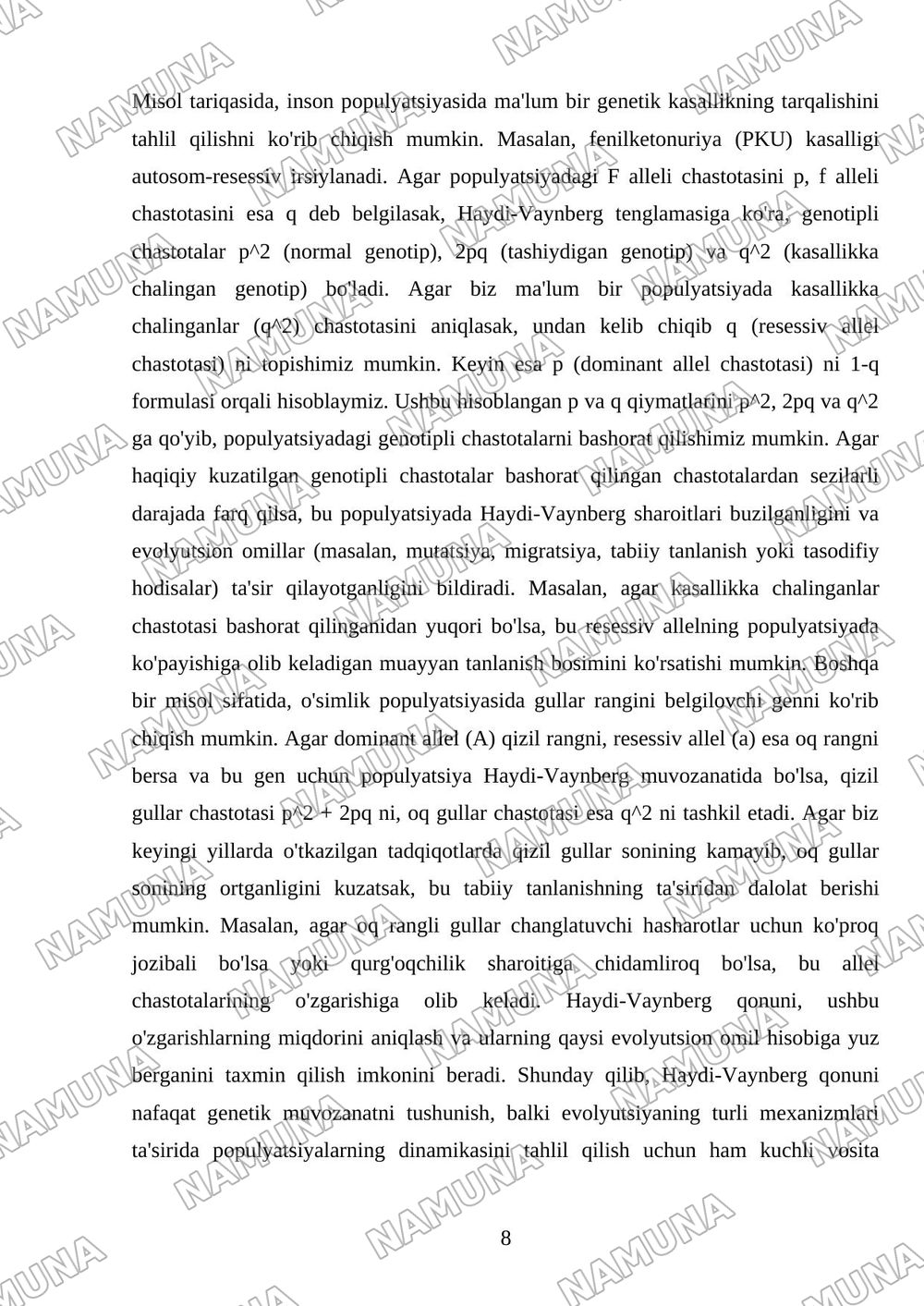 Populyatsiyadagi gen va allellar chastotasini aniqlashga oid topshiriqlar tayyorlash Haydi- Vaynberg qonuni asosida biologik jarayonlarni tahlil qilish — referat, 8-varaq
