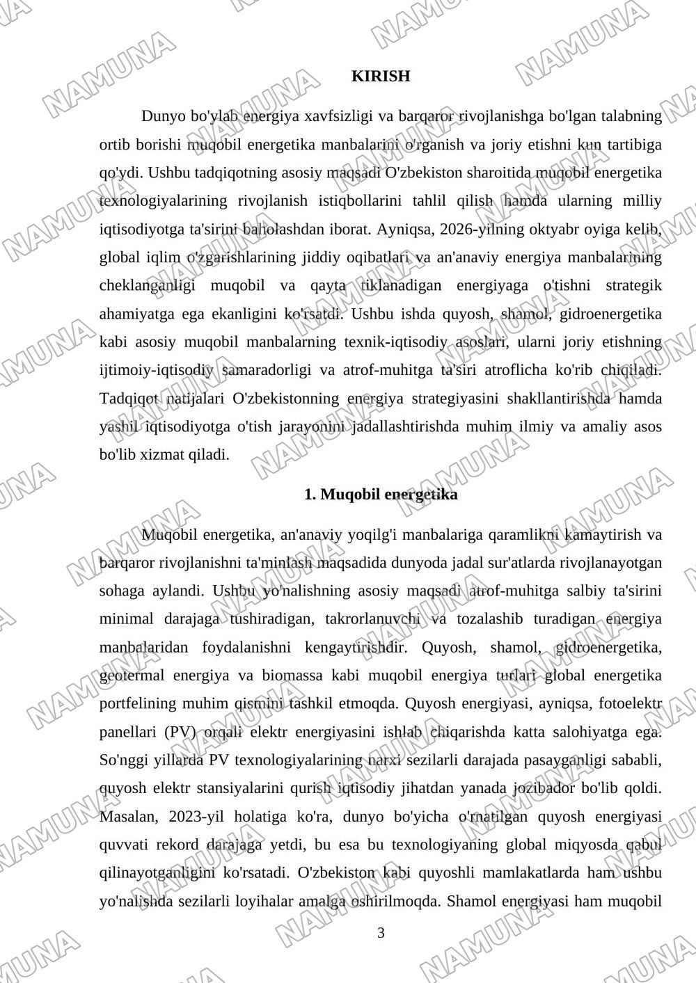 Muqobil energetika rivojlanish yo‘nalishlari — mustaqil ish, 3-varaq