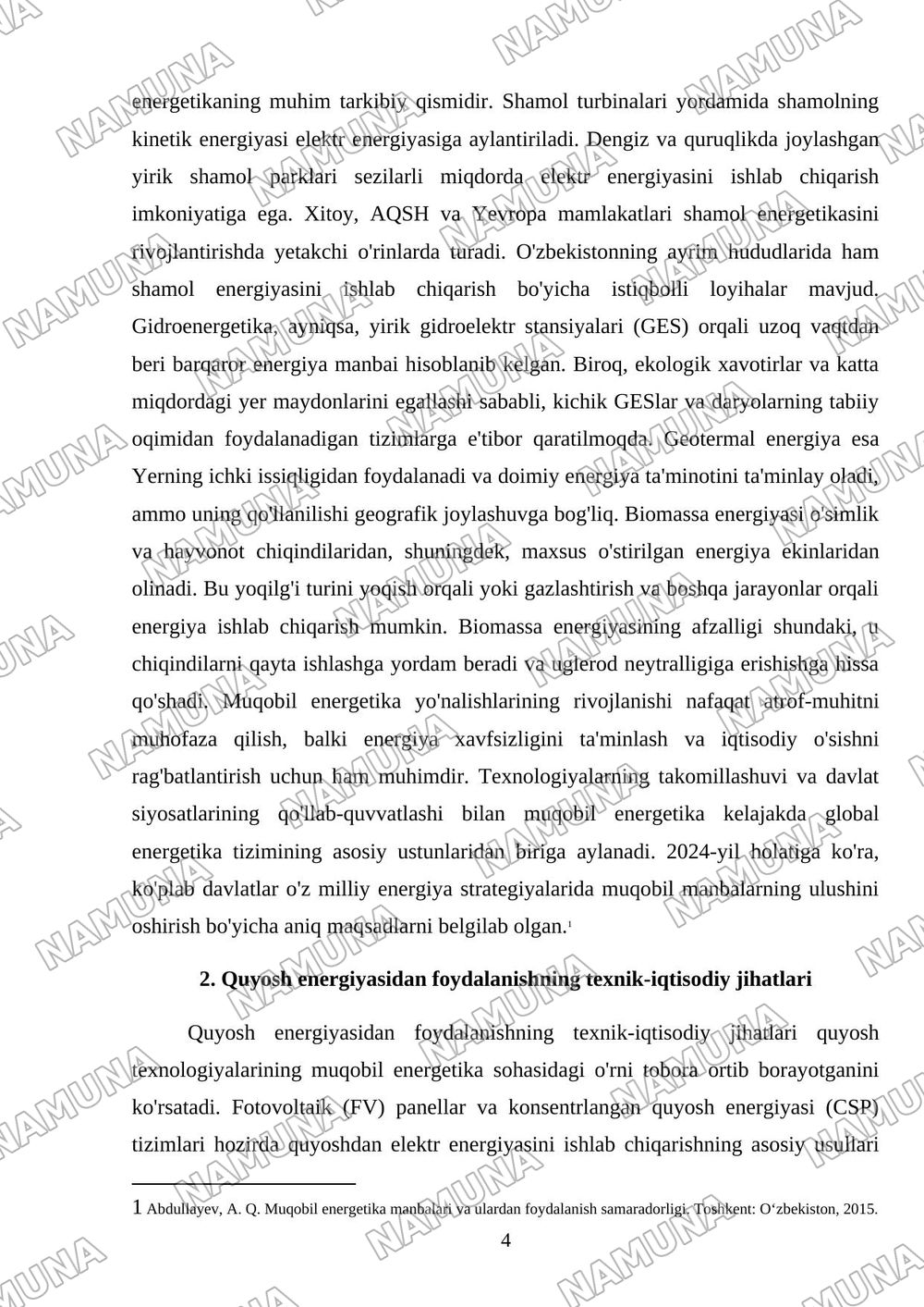 Muqobil energetika rivojlanish yo‘nalishlari — mustaqil ish, 4-varaq