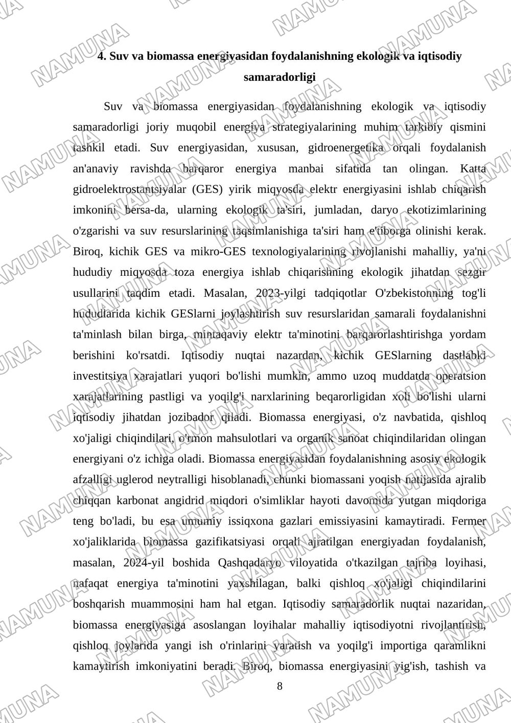 Muqobil energetika rivojlanish yo‘nalishlari — mustaqil ish, 8-varaq