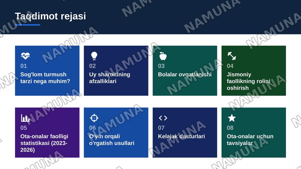 Мактабгача ёшдаги болаларни  уй шароитида  соглом турмуш тарзига  ургатиш мазмуни — zamonaviy taqdimot, 2-slayd