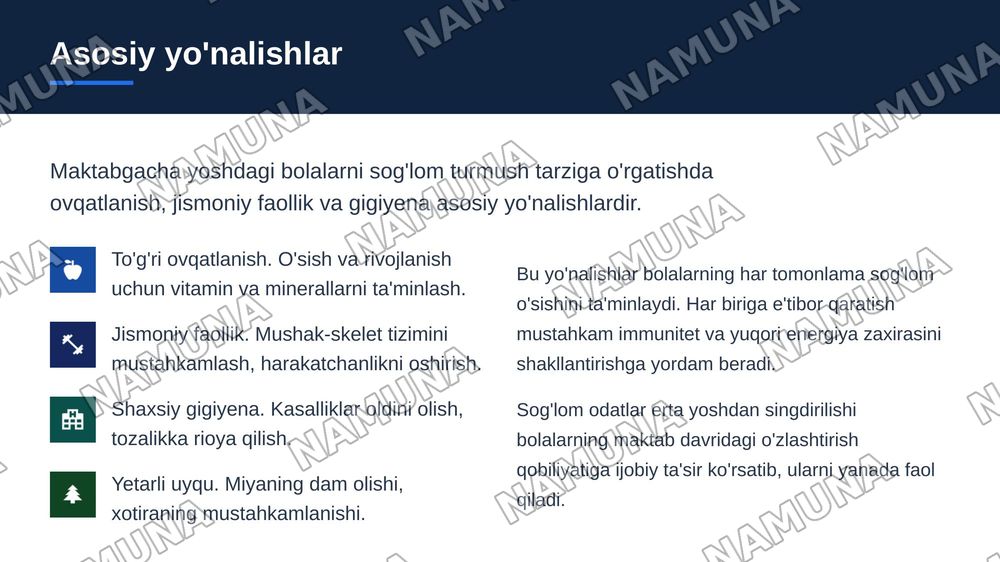 Мактабгача ёшдаги болаларни  уй шароитида  соглом турмуш тарзига  ургатиш мазмуни — zamonaviy taqdimot, 5-slayd