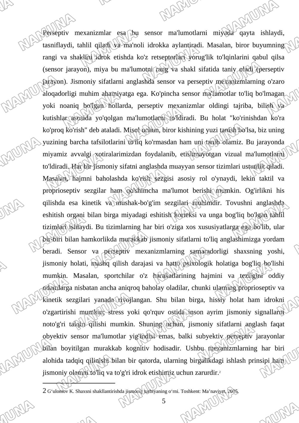 Jismoniy sifatlarni bilish (anglash)ning oʻziga xos jihatlari — mustaqil ish, 5-varaq