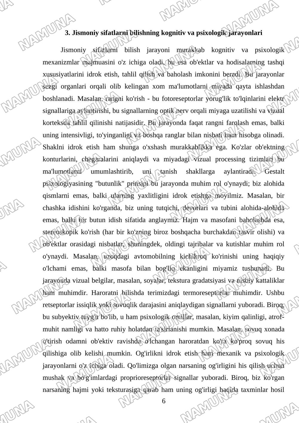 Jismoniy sifatlarni bilish (anglash)ning oʻziga xos jihatlari — mustaqil ish, 6-varaq