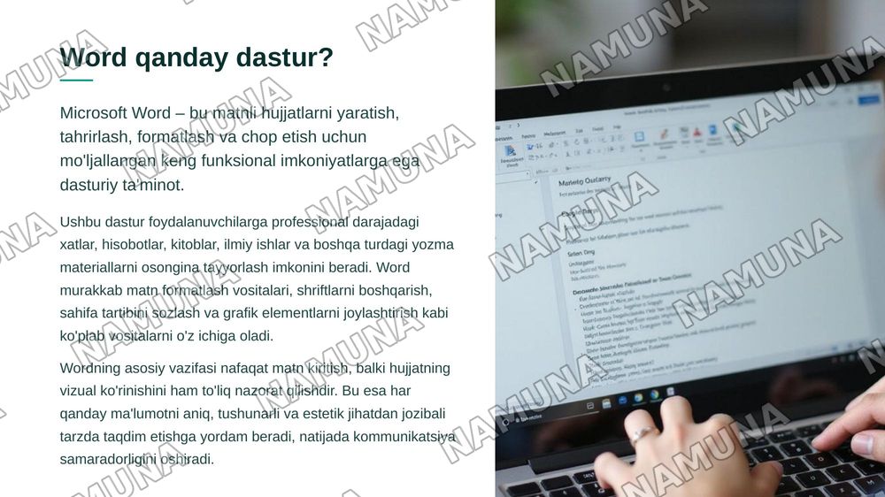 Microsoft Word dasturi va uning imkoniyatlari. — zamonaviy taqdimot, 4-slayd