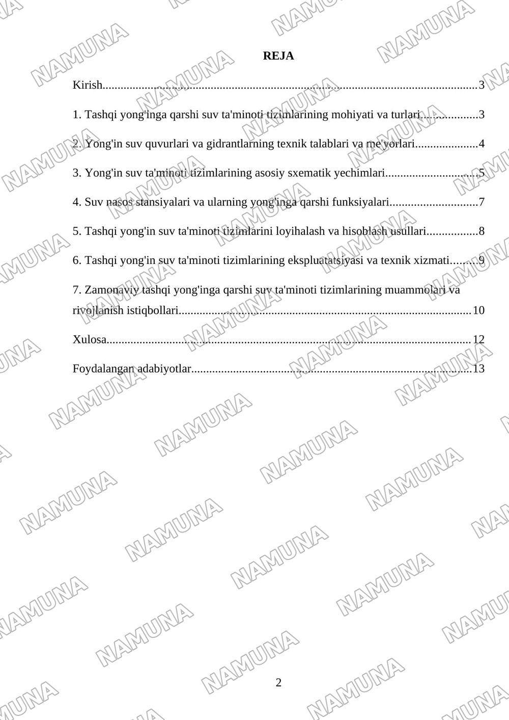 Tashqi yonginga qarshi suv taminoti tizimlari va sxemalari — mustaqil ish, 2-varaq