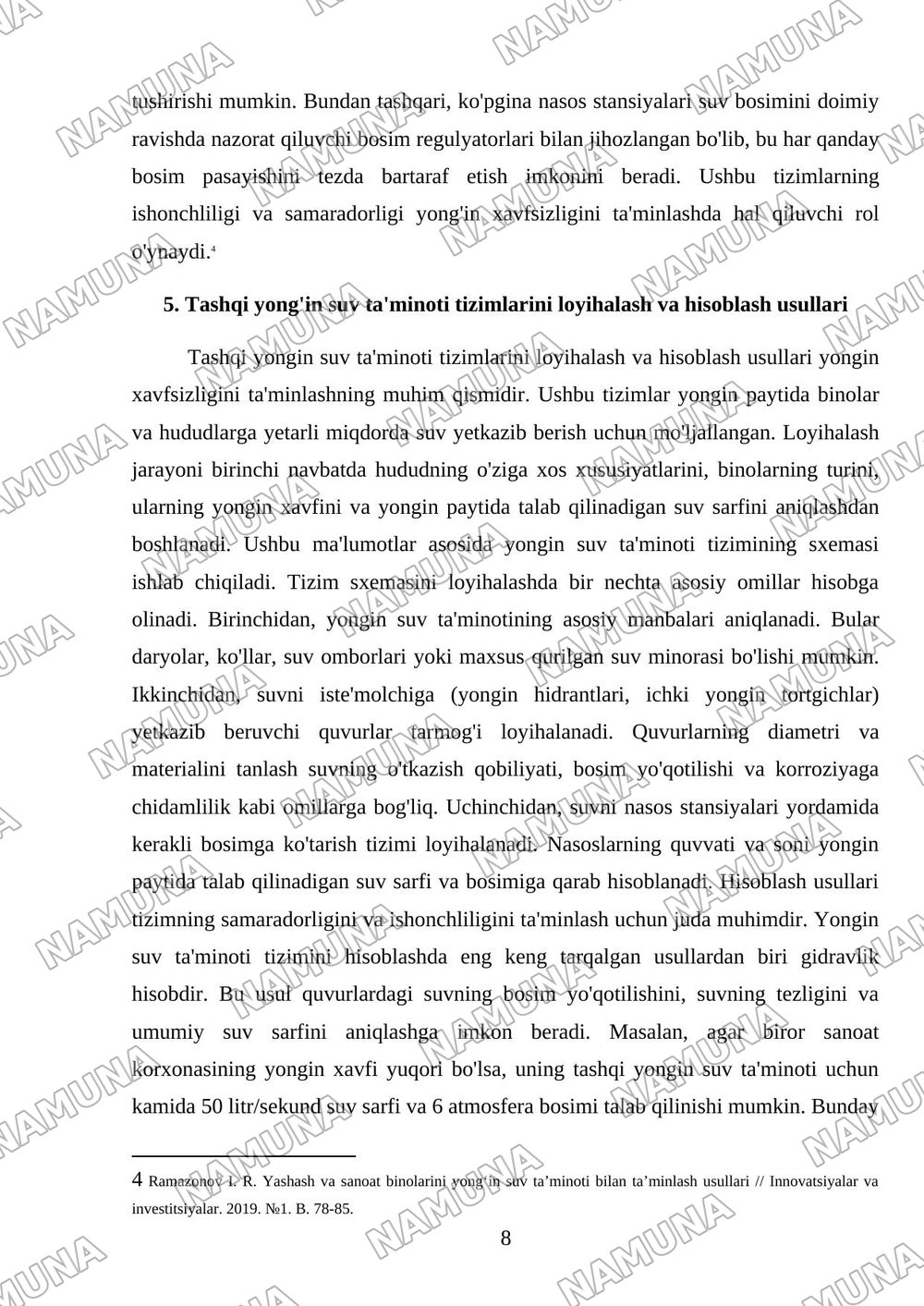 Tashqi yonginga qarshi suv taminoti tizimlari va sxemalari — mustaqil ish, 8-varaq