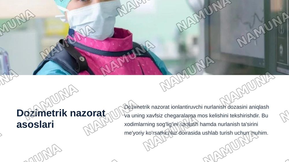 DPM larda ionlantiruvchi nurlanish manbalaridan foydalanganda dozimetrik va radiometrik nazorat ôtkazishning asoslari DPM larda ionlantiruvchi nurlanish manbalaridan foydalanganda xodimlar va patsiyentlarni himoyalash .Himoya prinsiplari . — zamonaviy taqdimot, 4-slayd
