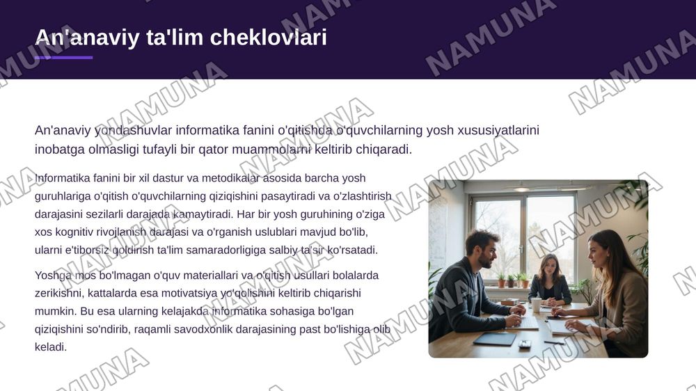 Informatika fanini turli yosh guruhlariga va ta'lim bosqichlariga moslashtirib o'qitish — zamonaviy taqdimot, 3-slayd