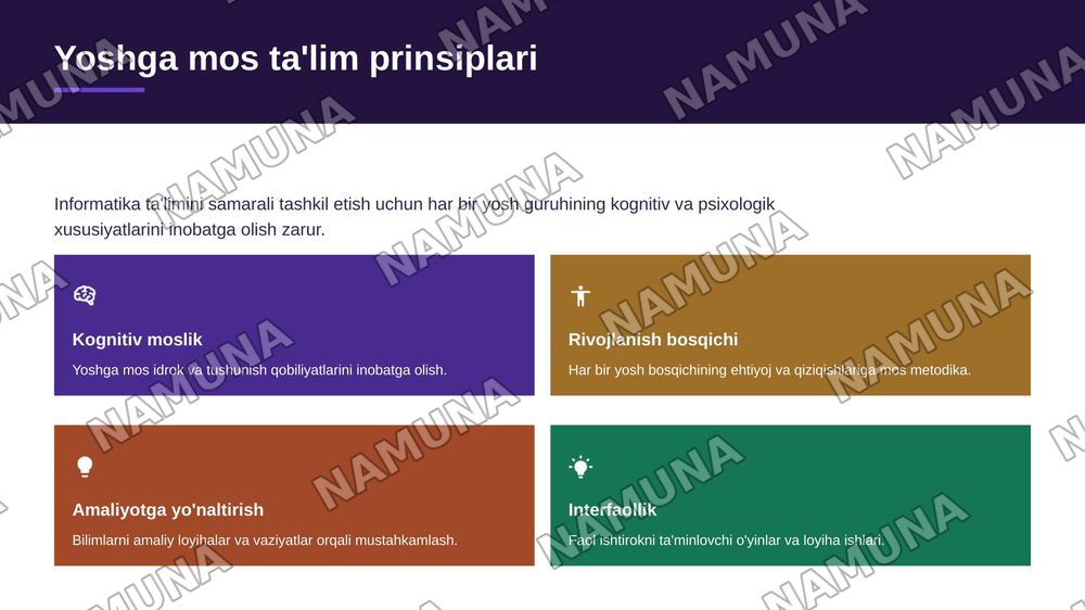 Informatika fanini turli yosh guruhlariga va ta'lim bosqichlariga moslashtirib o'qitish — zamonaviy taqdimot, 5-slayd