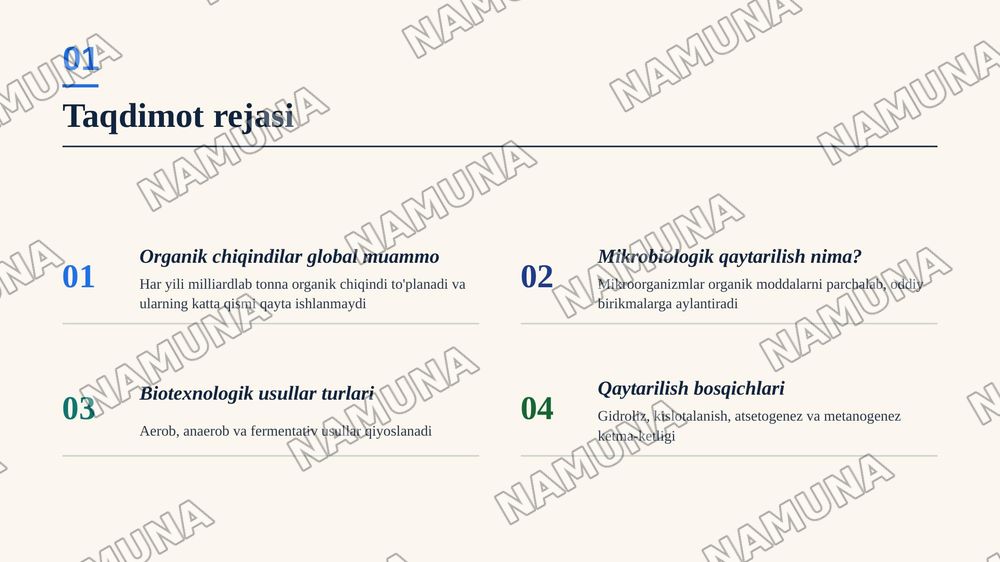 Organik transformatsiyalash moddalarni va ularni mikrobiologik
qaytarilishini biotexnologik uslublari — zamonaviy taqdimot, 2-slayd