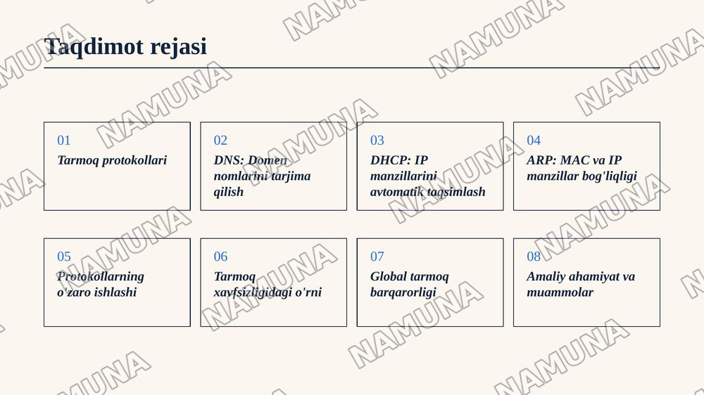 DNS, DHCP, ARP va ICMP protokollarining vazifalari hamda tarmoqlardagi ahamiyati. — zamonaviy taqdimot, 2-slayd