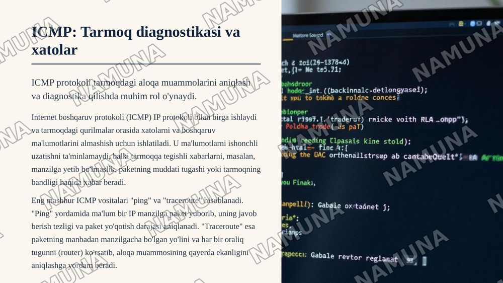 DNS, DHCP, ARP va ICMP protokollarining vazifalari hamda tarmoqlardagi ahamiyati. — zamonaviy taqdimot, 7-slayd
