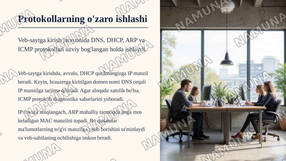 DNS, DHCP, ARP va ICMP protokollarining vazifalari hamda tarmoqlardagi ahamiyati. — zamonaviy taqdimot, 8-slayd