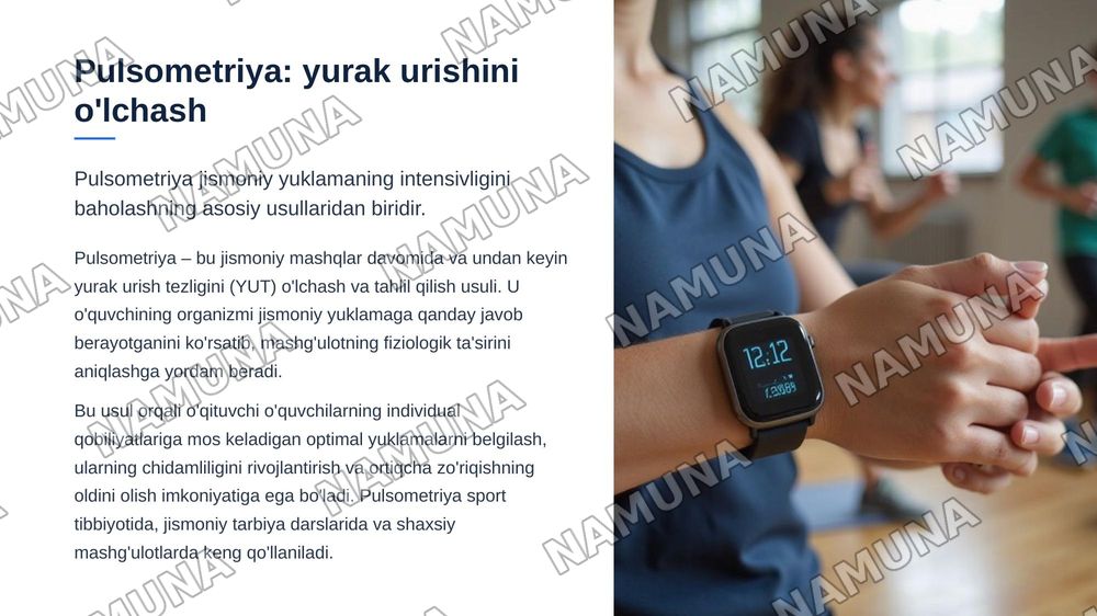 Jismoniy tarbiya darslarida pedogogik tahlil o‘tkazish uslubiyati. 
Jismoniy tarbiya darslarida pulsometriya va xronometraj o‘tkazish uslubiyati. — zamonaviy taqdimot, 7-slayd
