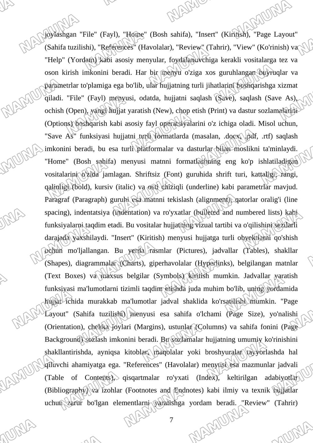 Microsoft Word dasturi interfeysi va uni tavsiflash. — mustaqil ish, 7-varaq