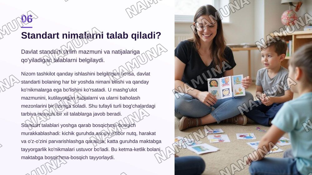 Maktabgacha talim tashkiloti haqidagi nizom va maktabgacha talim sitandarti — zamonaviy taqdimot, 7-slayd