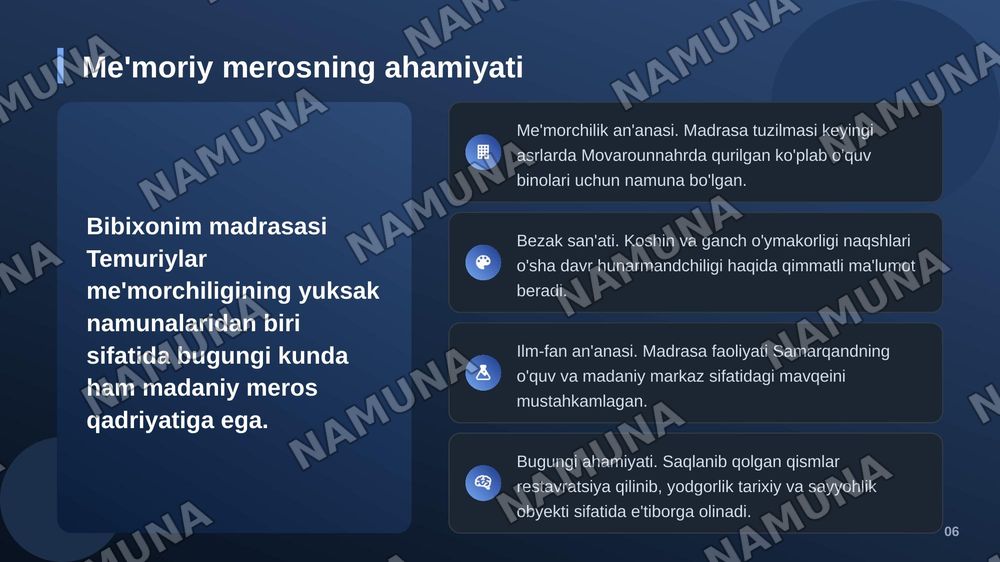 Bibixonim madrasasi — zamonaviy taqdimot, 7-slayd
