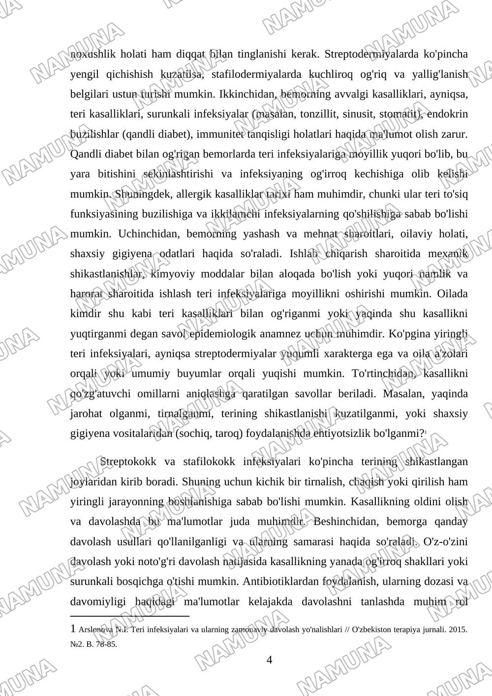 Terining yiringli kasalliklari. Streptodermiyalar. — mustaqil ish, 4-varaq