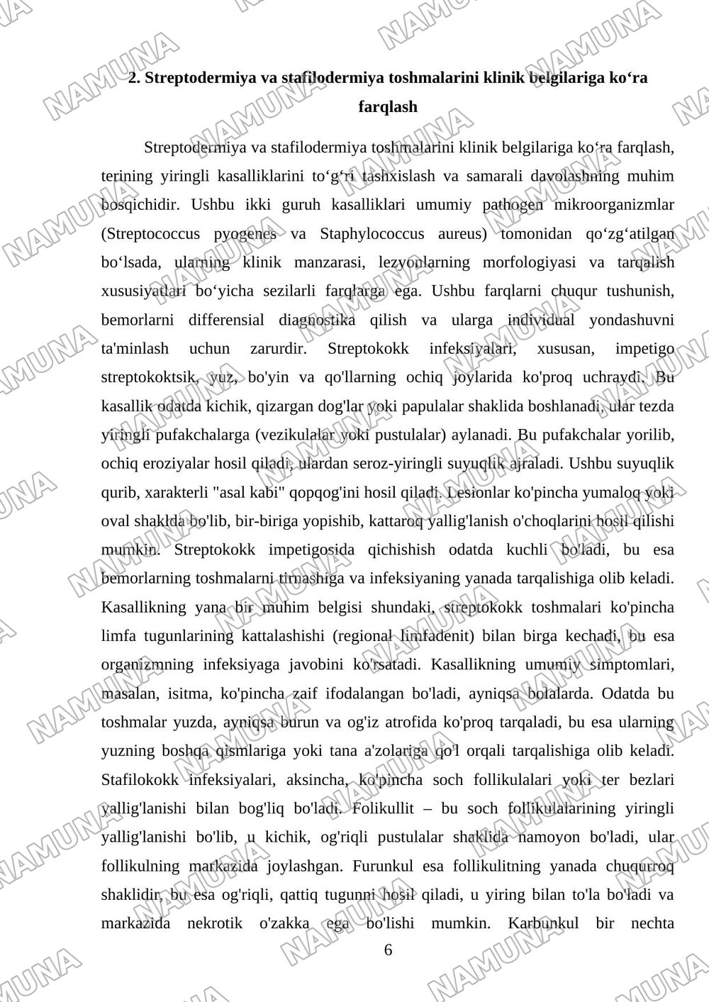 Terining yiringli kasalliklari. Streptodermiyalar. — mustaqil ish, 6-varaq