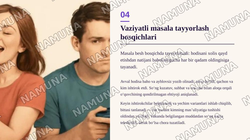 Tarbiyasi qiyin o‘quvchilar bilan ishlashda pedagogik hamkorlik mexanizmlari (vaziyatli masalalar tayyorlash) — zamonaviy taqdimot, 5-slayd