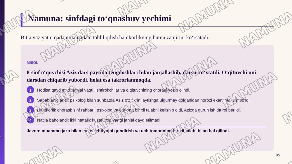 Tarbiyasi qiyin o‘quvchilar bilan ishlashda pedagogik hamkorlik mexanizmlari (vaziyatli masalalar tayyorlash) — zamonaviy taqdimot, 6-slayd