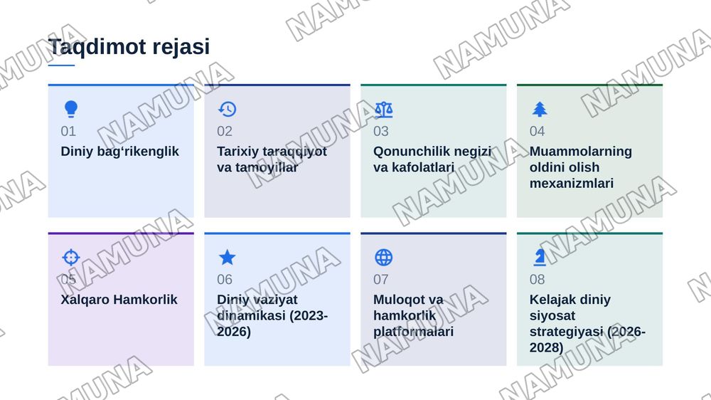Oʻzbekistonda konvessiyalararo diniy bagʻrikenglik muammolarining oldini olishga qaratilgan chora tadbirlarning olib borilishi — zamonaviy taqdimot, 2-slayd
