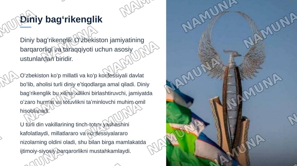Oʻzbekistonda konvessiyalararo diniy bagʻrikenglik muammolarining oldini olishga qaratilgan chora tadbirlarning olib borilishi — zamonaviy taqdimot, 3-slayd