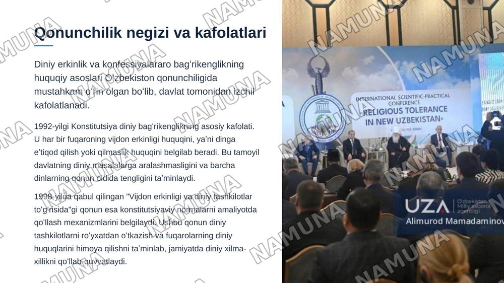 Oʻzbekistonda konvessiyalararo diniy bagʻrikenglik muammolarining oldini olishga qaratilgan chora tadbirlarning olib borilishi — zamonaviy taqdimot, 5-slayd