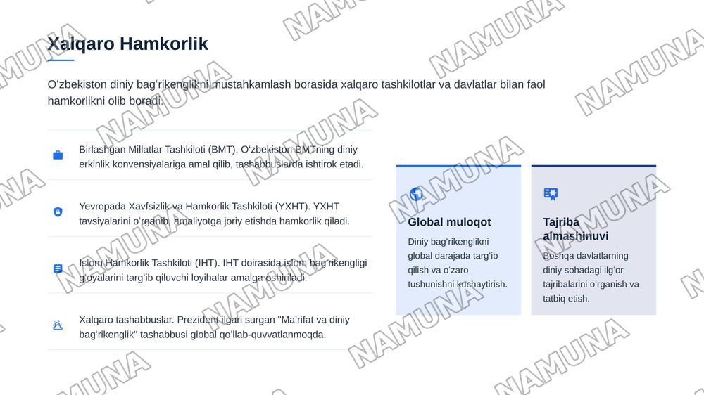 Oʻzbekistonda konvessiyalararo diniy bagʻrikenglik muammolarining oldini olishga qaratilgan chora tadbirlarning olib borilishi — zamonaviy taqdimot, 8-slayd
