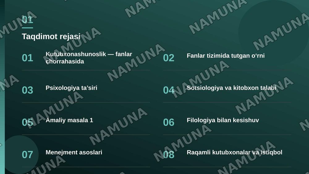 GAMMA AI UCHUN PROMPT

Mavzu: Kutubxonashunoslik fanining boshqa fanlar bilan o‘zaro bog‘liqligi

Kutubxonashunoslik fanidan ushbu mavzuda 20ta slayddan iborat, ilmiy asoslangan, mazmunli va oliy ta’lim darajasiga mos taqdimot tayyorla.

1. Birinchi slayd — titul

Mavzu: Kutubxonashunoslik fanining  — zamonaviy taqdimot, 2-slayd