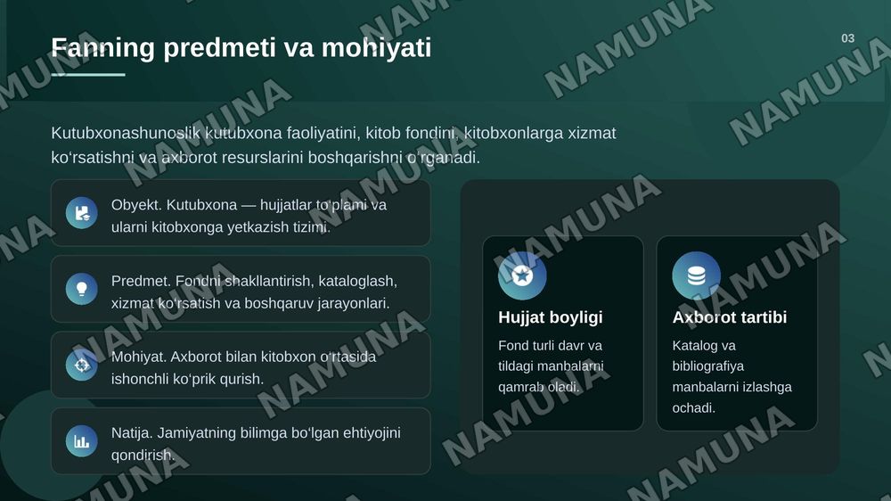 GAMMA AI UCHUN PROMPT

Mavzu: Kutubxonashunoslik fanining boshqa fanlar bilan o‘zaro bog‘liqligi

Kutubxonashunoslik fanidan ushbu mavzuda 20ta slayddan iborat, ilmiy asoslangan, mazmunli va oliy ta’lim darajasiga mos taqdimot tayyorla.

1. Birinchi slayd — titul

Mavzu: Kutubxonashunoslik fanining  — zamonaviy taqdimot, 4-slayd