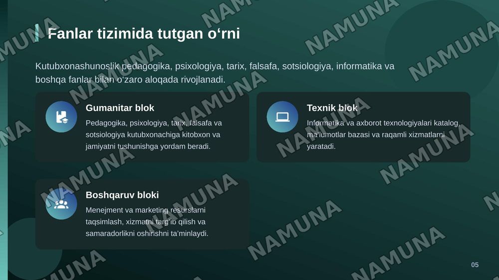 GAMMA AI UCHUN PROMPT

Mavzu: Kutubxonashunoslik fanining boshqa fanlar bilan o‘zaro bog‘liqligi

Kutubxonashunoslik fanidan ushbu mavzuda 20ta slayddan iborat, ilmiy asoslangan, mazmunli va oliy ta’lim darajasiga mos taqdimot tayyorla.

1. Birinchi slayd — titul

Mavzu: Kutubxonashunoslik fanining  — zamonaviy taqdimot, 6-slayd