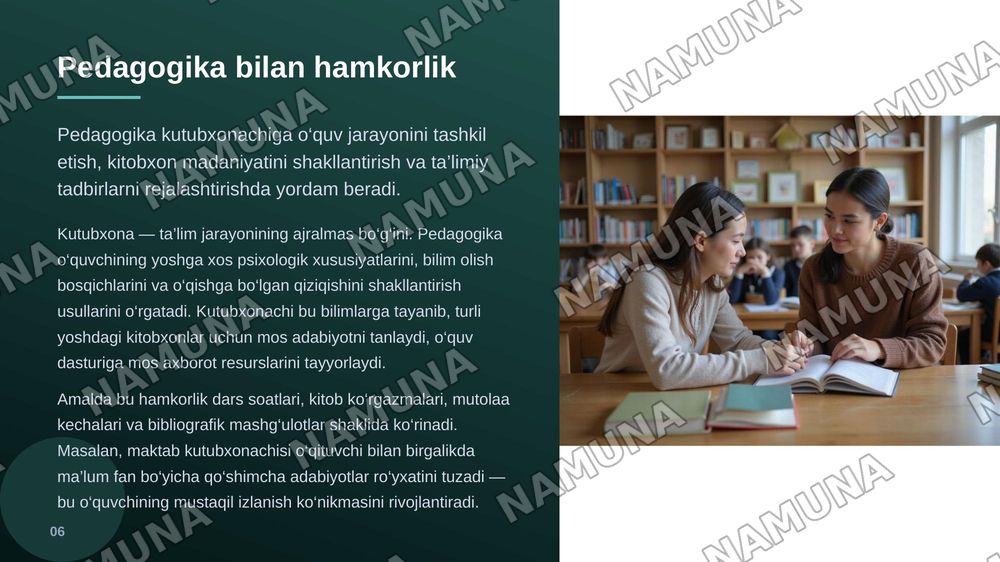 GAMMA AI UCHUN PROMPT

Mavzu: Kutubxonashunoslik fanining boshqa fanlar bilan o‘zaro bog‘liqligi

Kutubxonashunoslik fanidan ushbu mavzuda 20ta slayddan iborat, ilmiy asoslangan, mazmunli va oliy ta’lim darajasiga mos taqdimot tayyorla.

1. Birinchi slayd — titul

Mavzu: Kutubxonashunoslik fanining  — zamonaviy taqdimot, 7-slayd