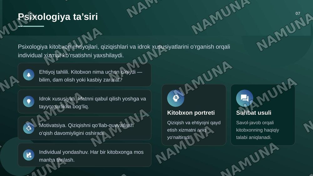 GAMMA AI UCHUN PROMPT

Mavzu: Kutubxonashunoslik fanining boshqa fanlar bilan o‘zaro bog‘liqligi

Kutubxonashunoslik fanidan ushbu mavzuda 20ta slayddan iborat, ilmiy asoslangan, mazmunli va oliy ta’lim darajasiga mos taqdimot tayyorla.

1. Birinchi slayd — titul

Mavzu: Kutubxonashunoslik fanining  — zamonaviy taqdimot, 8-slayd