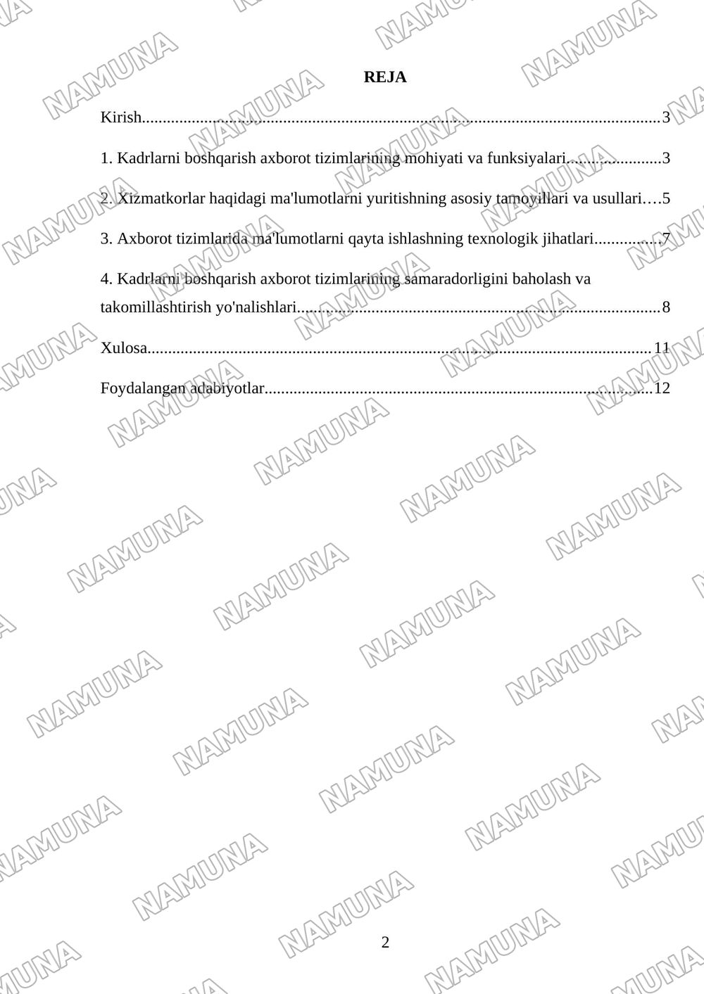 kadrlarni boshqarish infoymaciyalik tizimlarda xizmotkorlar haqidagi malumotlarni yuritish va qayta ishlash — referat, 2-varaq