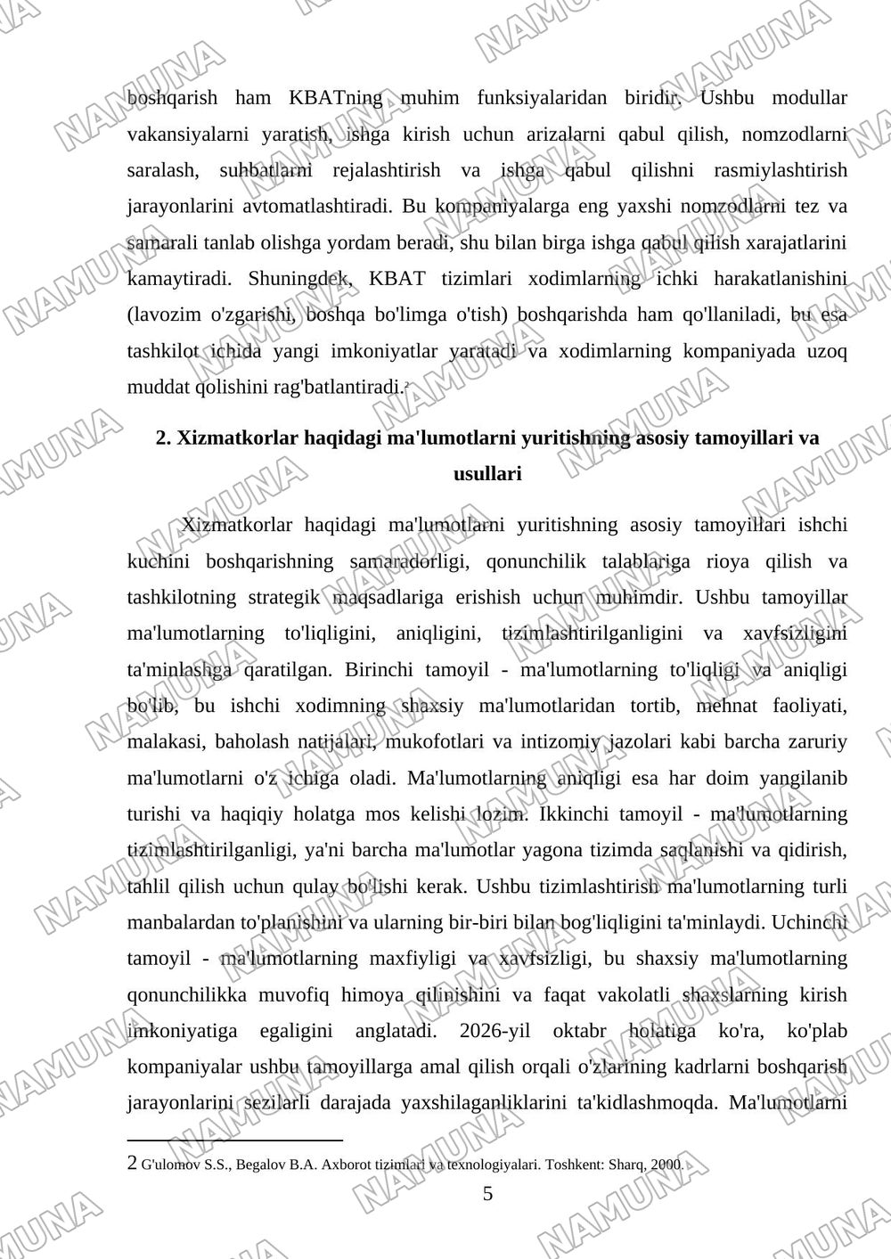 kadrlarni boshqarish infoymaciyalik tizimlarda xizmotkorlar haqidagi malumotlarni yuritish va qayta ishlash — referat, 5-varaq