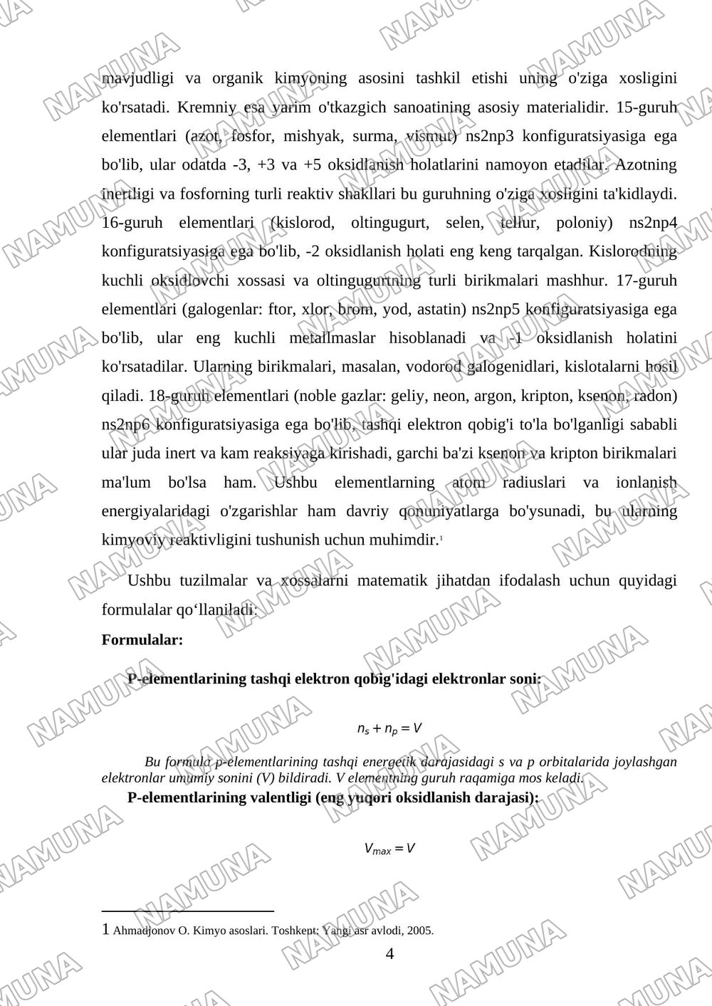 p-elementlar. Ulaning birikmalari va xossalari. — referat, 4-varaq
