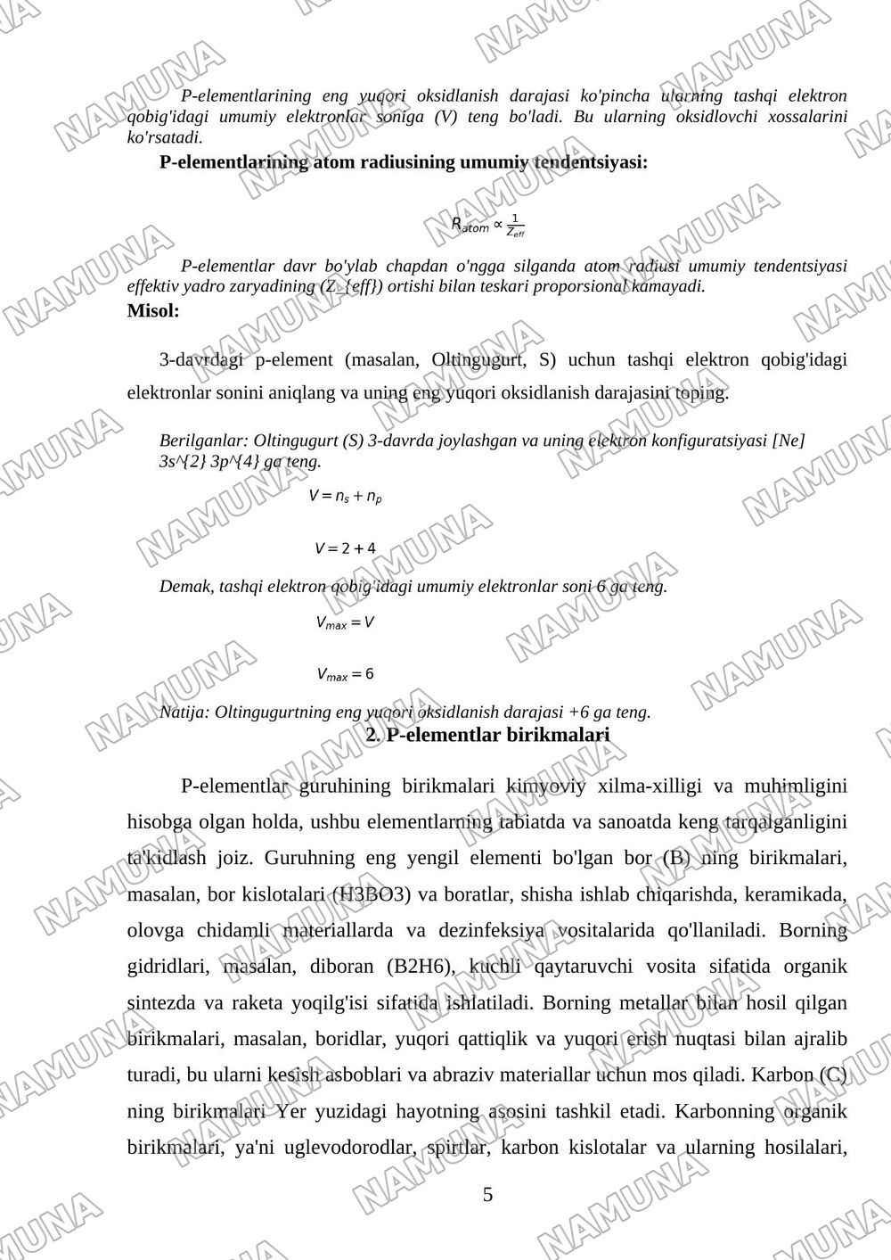 p-elementlar. Ulaning birikmalari va xossalari. — referat, 5-varaq