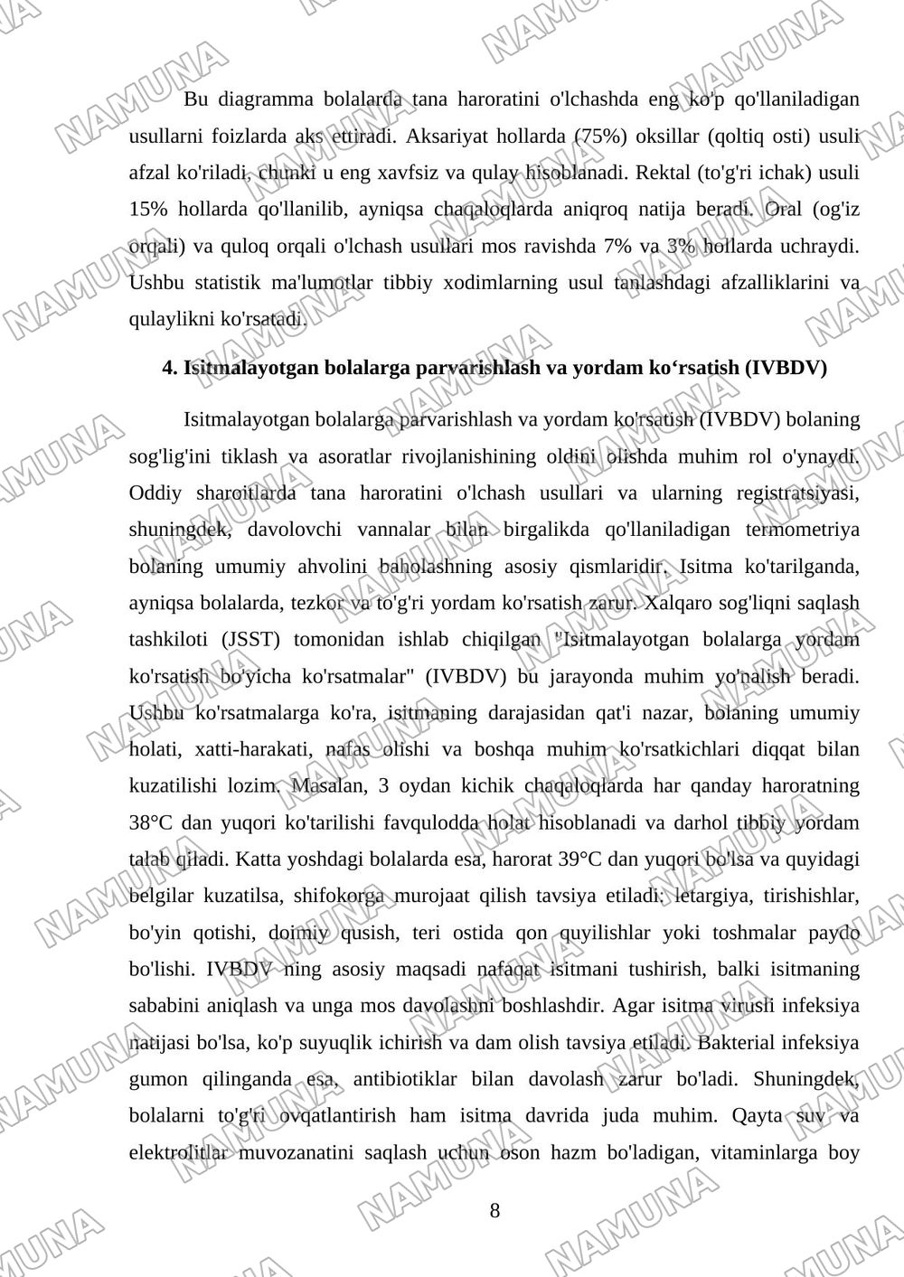 Davolovchi vannalar. Termometriya. Tana haroratini o‘lchash texnikasi va uni registratsiya qilish. Isitmalayotgan bolalarni parvarishlash (IVBDV isitmalayotgan bolalarga yordam ko‘rsatish). Ovqatlanti — mustaqil ish, 8-varaq