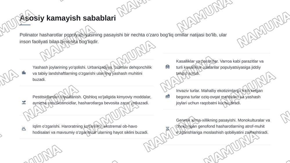 Полинатор хашоратларнинг экотизмдаги роли ва уларни камайиб кетиш сабаблари — zamonaviy taqdimot, 6-slayd