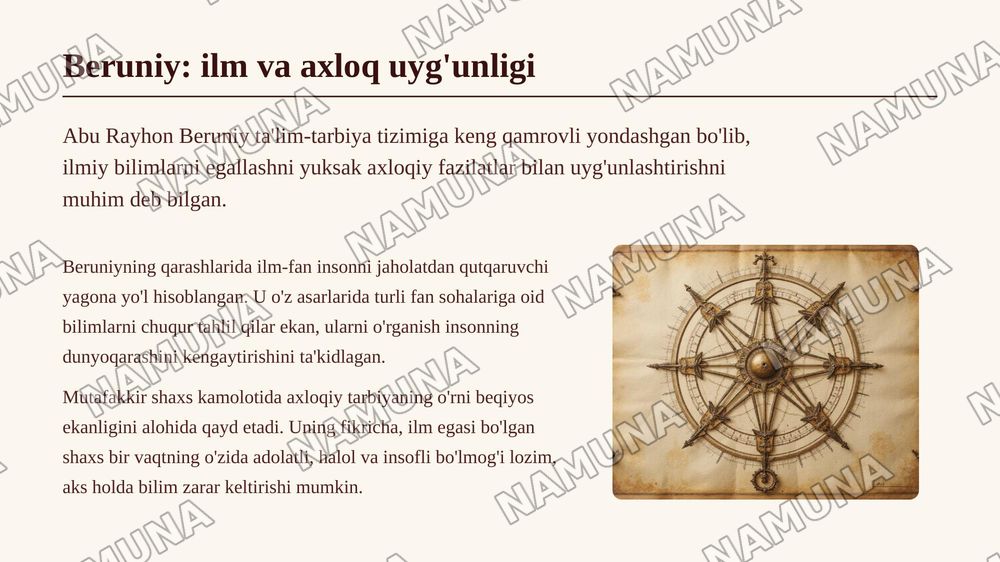 Ajdodlarimiz Abu Nasr Farobiy, Abu Ali ibn Sino, Abu Rayxon Beruniy va boshqalar tarbiyasiga oid ilmiy-amaliy fikrlari — zamonaviy taqdimot, 6-slayd