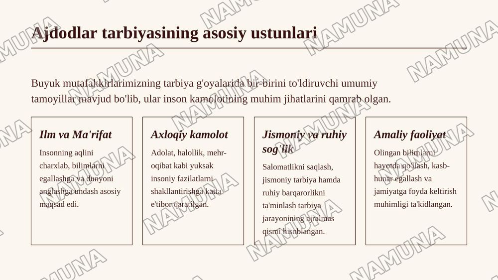 Ajdodlarimiz Abu Nasr Farobiy, Abu Ali ibn Sino, Abu Rayxon Beruniy va boshqalar tarbiyasiga oid ilmiy-amaliy fikrlari — zamonaviy taqdimot, 7-slayd
