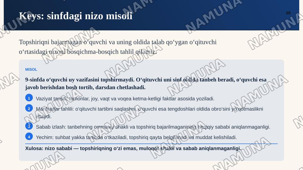 Ta’lim jarayonida uchraydigan nizoli vaziyatlarni keys shaklida ishlab chiqish va ularning kelib chiqish sabablarini tahlil qilish. — zamonaviy taqdimot, 6-slayd