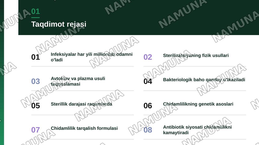 Tibbiyotda zamonaviy sterilizatsiya usullari. Srelizatsiya dezinfeksiya usullariga bakteriologik baxo berish .
​Kimyoterapevtik preparatlar va antibiotiklarga bakteriyalarning chidamli shtammlarining shakllanish mehanizmlari — zamonaviy taqdimot, 2-slayd