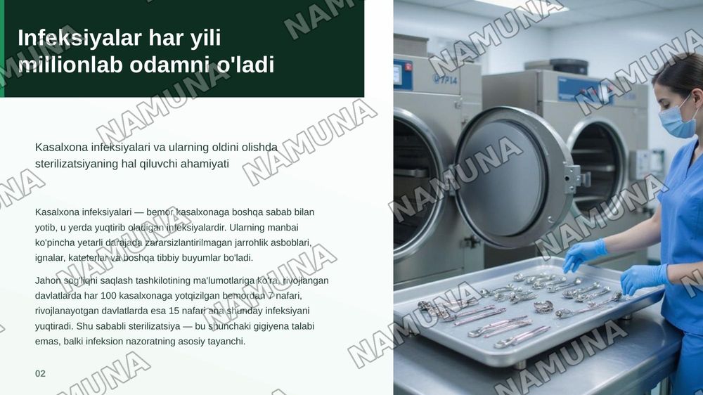 Tibbiyotda zamonaviy sterilizatsiya usullari. Srelizatsiya dezinfeksiya usullariga bakteriologik baxo berish .
​Kimyoterapevtik preparatlar va antibiotiklarga bakteriyalarning chidamli shtammlarining shakllanish mehanizmlari — zamonaviy taqdimot, 3-slayd