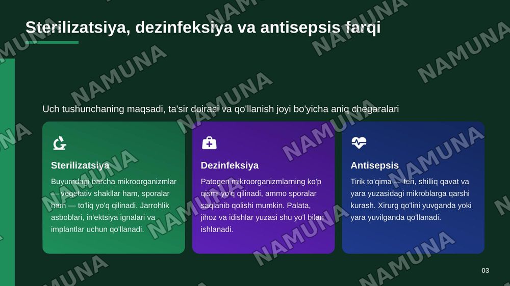 Tibbiyotda zamonaviy sterilizatsiya usullari. Srelizatsiya dezinfeksiya usullariga bakteriologik baxo berish .
​Kimyoterapevtik preparatlar va antibiotiklarga bakteriyalarning chidamli shtammlarining shakllanish mehanizmlari — zamonaviy taqdimot, 4-slayd