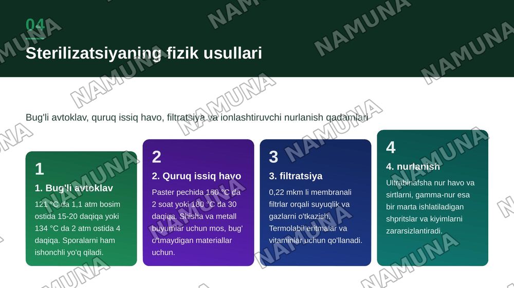 Tibbiyotda zamonaviy sterilizatsiya usullari. Srelizatsiya dezinfeksiya usullariga bakteriologik baxo berish .
​Kimyoterapevtik preparatlar va antibiotiklarga bakteriyalarning chidamli shtammlarining shakllanish mehanizmlari — zamonaviy taqdimot, 5-slayd